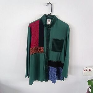Vintage TM Sport Patchwork Colorblock Button Front Blouse USA Artsy Lagenlook